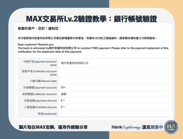 MAX交易所註冊教學：Lv2銀行帳號驗證信件