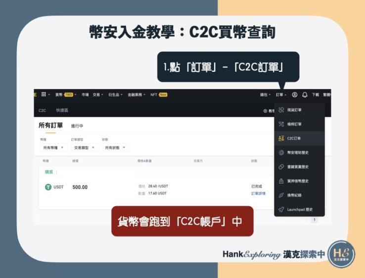 幣安入金教學：C2C買幣訂單查詢