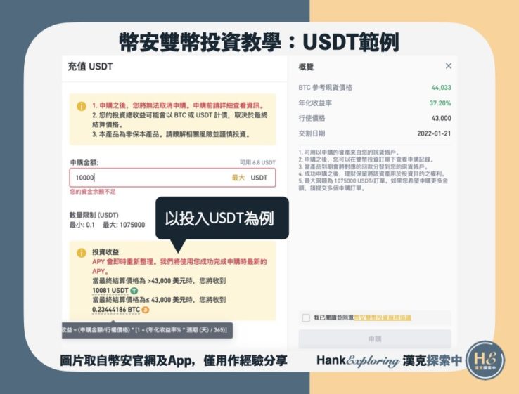 【幣安雙幣投資】USDT範例