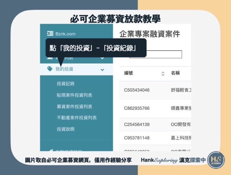 【必可企業募資手動放款】step3：查詢投資紀錄