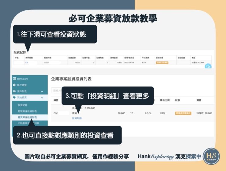 【必可企業募資手動放款】step3：查詢詳細投資情形
