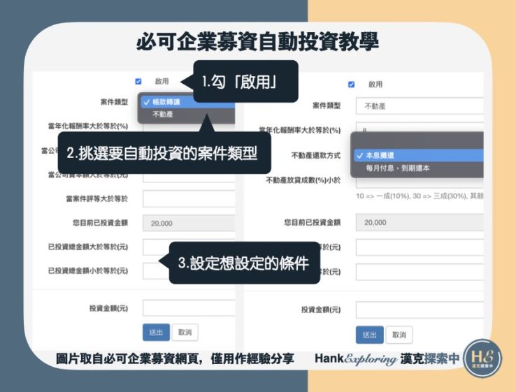 【必可企業募資自動投資教學】step2：設定自動條件