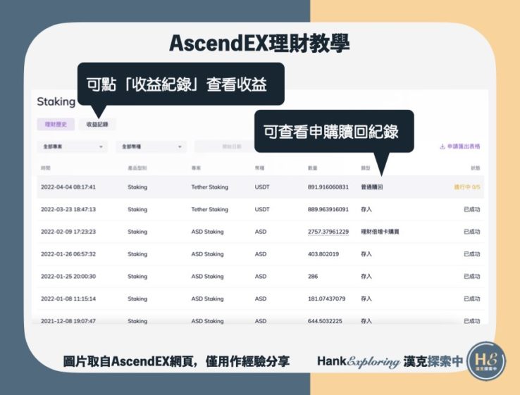 【AscendEX理財】step3：查看理財申購贖回紀錄