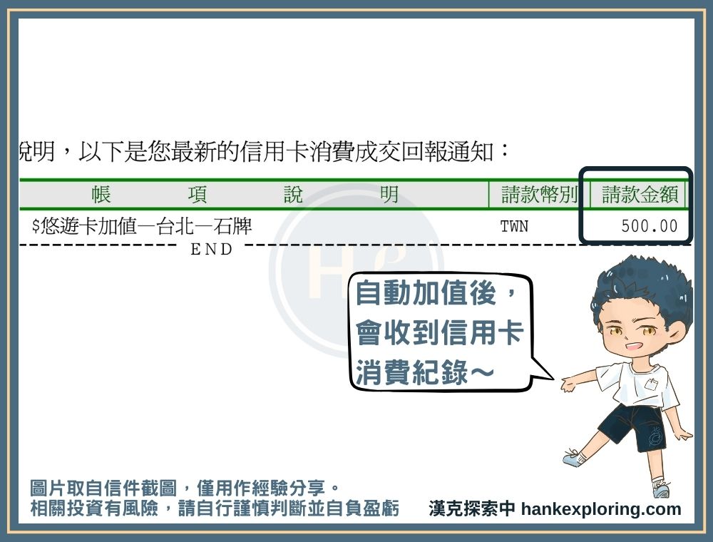 悠遊聯名卡自動加值範例