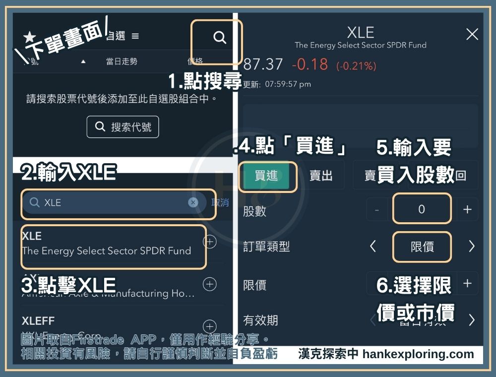 XLE的firstrade下單畫面