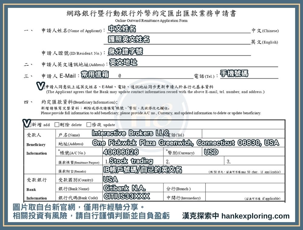 IB入金步驟四：台新電匯匯款單範例