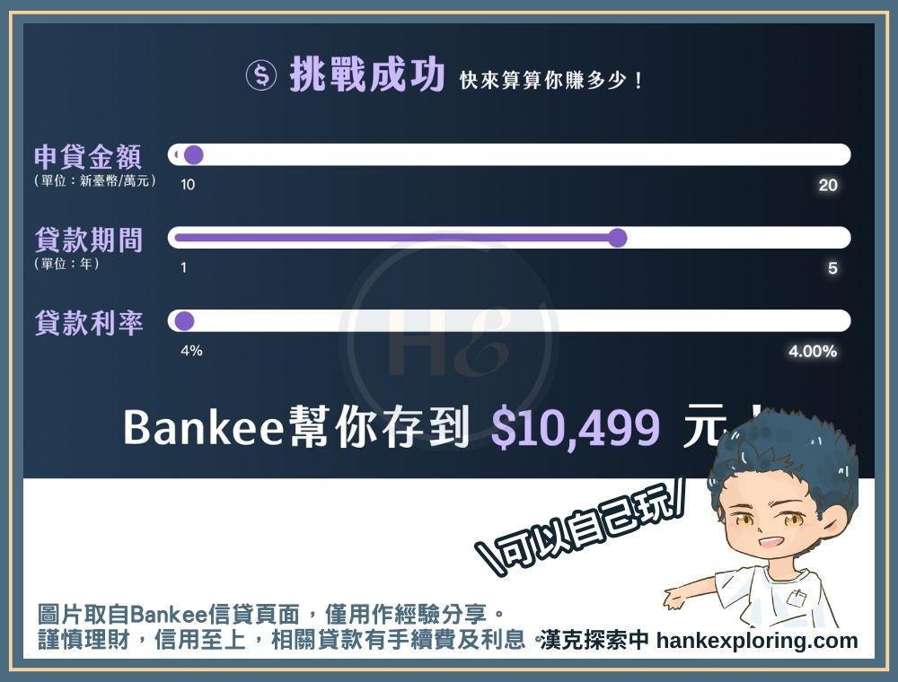 Bankee挑戰型信貸方案試算優惠頁面