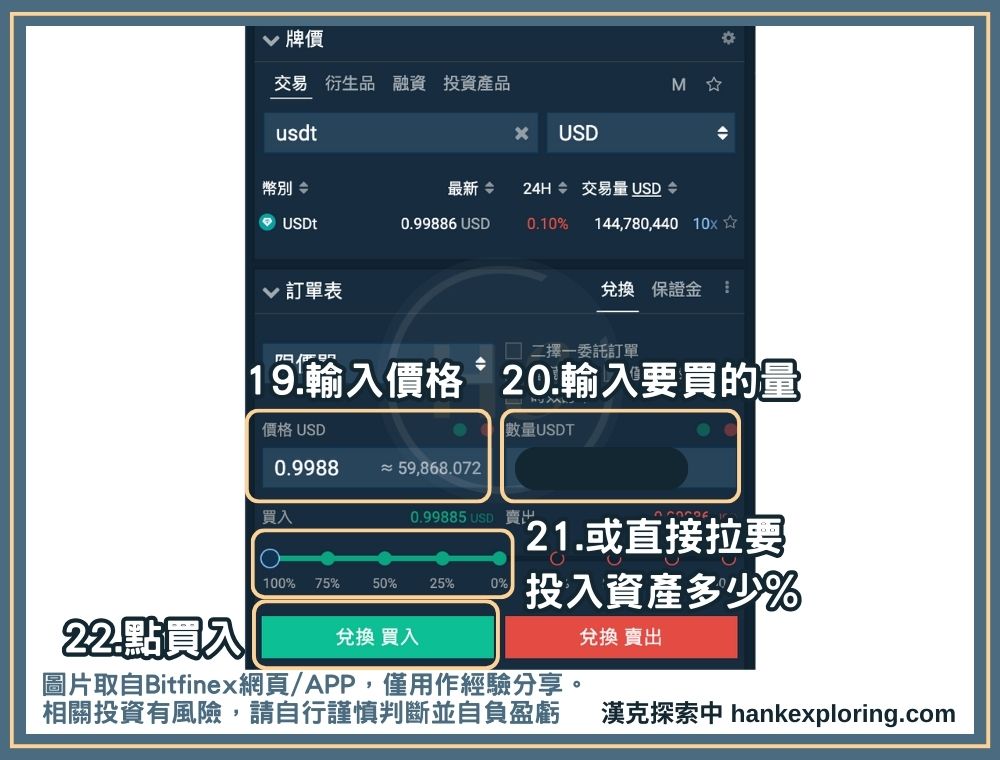 Bitfinex 美金入金買比特幣步驟四：下訂單買幣