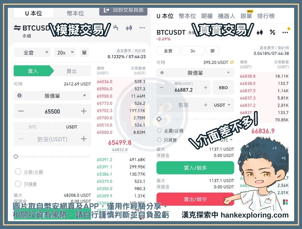 幣安模擬交易介面與真實交易介面比較