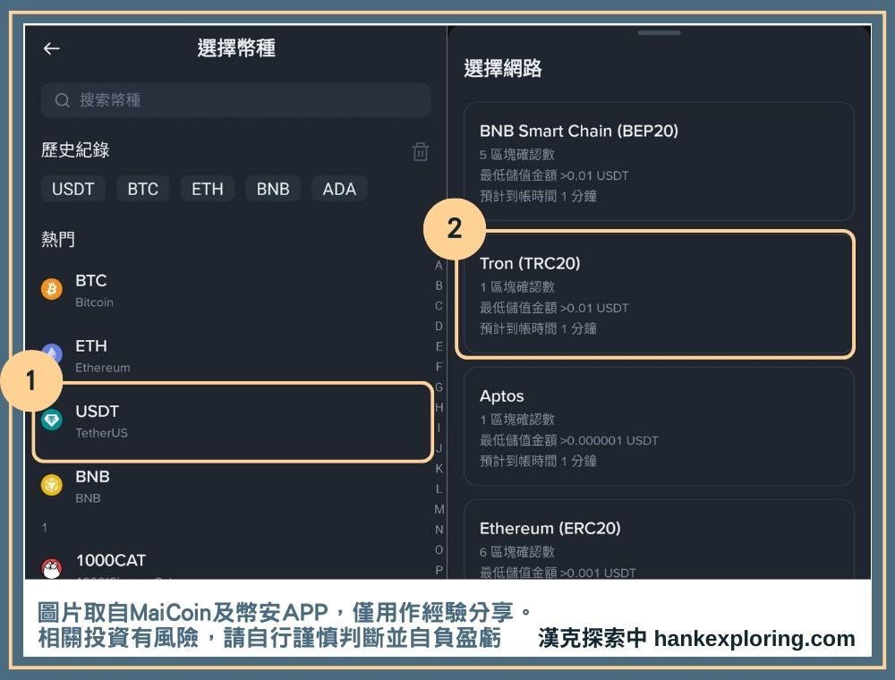 MaiCoin 轉幣安教學!4 步驟帶你把 USDT 從 MaiCoin 轉到幣安 - Binance, MaiCoin, 加密貨幣轉帳, 投資新手, 教學 - 新手理財的領路者 選擇透過 TRC20收款USDT