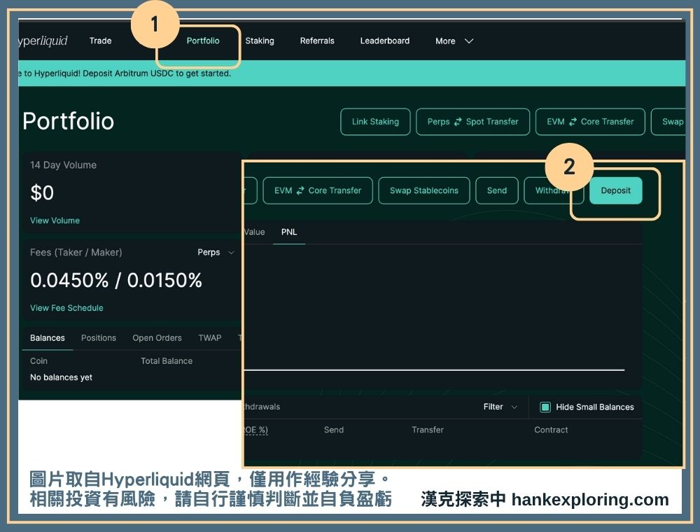 Hyperliquid 交易所教學:推薦碼優惠、出入金及交易流程 - 投資平台, 投資新手, 推薦碼, 教學, 漢克評價 - 新手理財的領路者 進入 Hyperliquid 入金頁面
