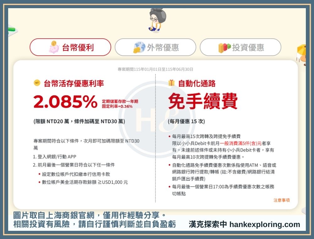 Cloud Bank 上海商銀數位帳戶:活存利率 2.085% 評價全攻略 - 上海商銀, 學生, 小資, 數位帳戶, 漢克評價, 理財新手 - 新手理財的領路者 2026 H1 上海 Cloud Bank 優惠